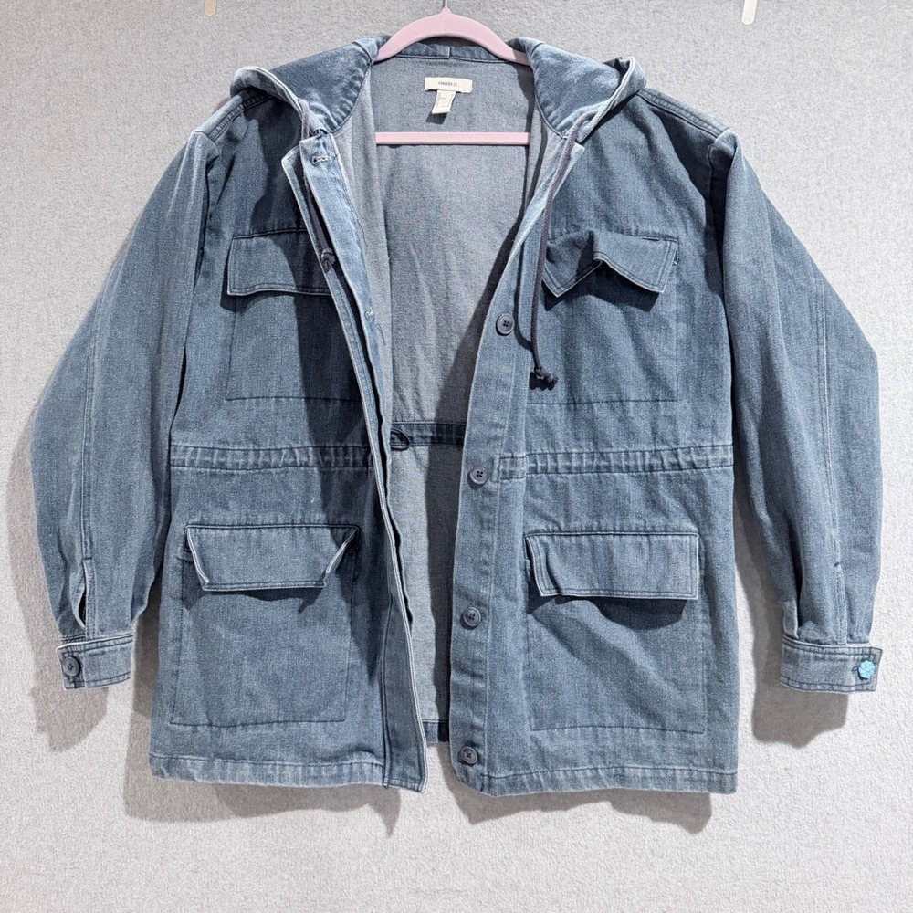 Blue Denim Utility Field Chore Jacket Hooded Drawstring Waist Medium M gorpcore